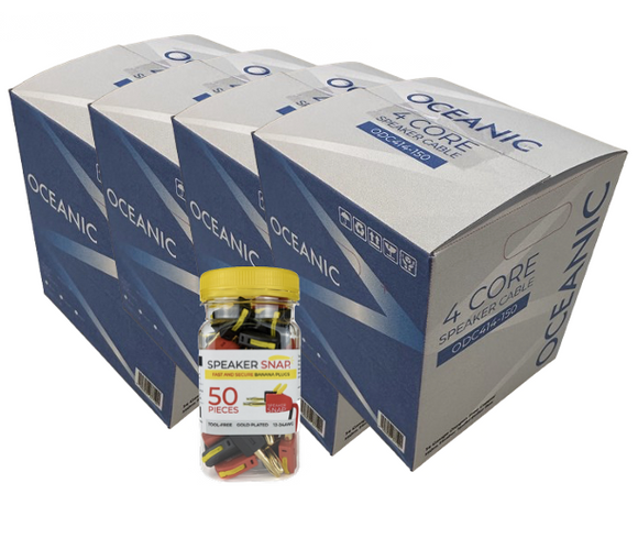 Oceanic 4 Core Speaker Cable 14 AWG - Black 4 PACK + FREE Speaker Snap